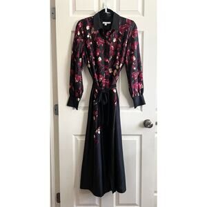 CHICO’S Black Leaf Print Button Front Tie Waist Maxi Shirt Dress Sz 1.5 US 10